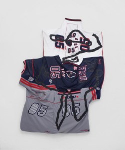 Simone Zaccagnini, Wish you were here, 2017, t-shirt, patches, padding, black silicone 210 x 160 x 8 cm (