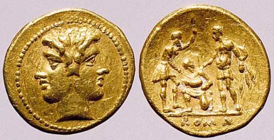 Moneta (mezzo statere) della serie del giuramento: testa di Giano bifronte e scena di giuramento Autore: Tipologia : Moneta, medaglione, medaglia Anno: 225-217 a. C. Materia e tecnica: Oro http://www.museicapitolini.org/