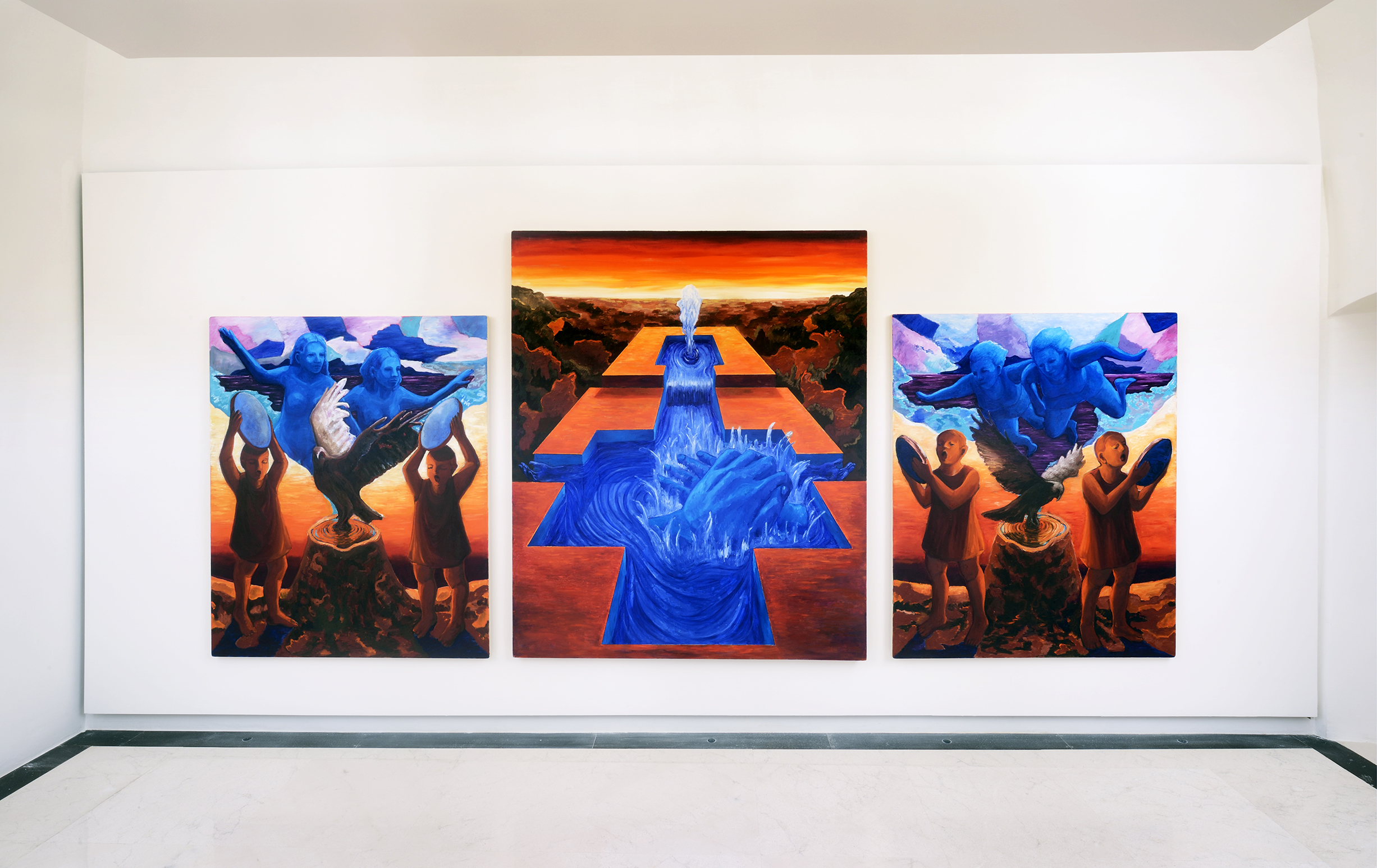 6. Sgorga sorgente, sgorga e fluisci (trittico), 2020, olio su tela, 120x145 cm, 150x180 cm, 120x145 cm