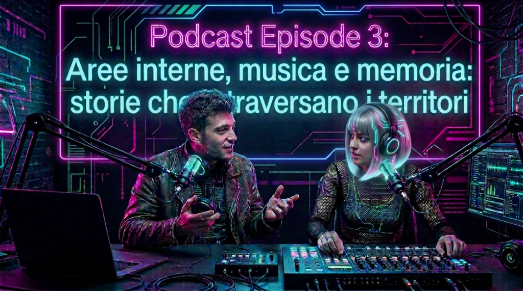 Podcast Episode 3: Aree interne, musica e memoria: storie che attraversano i territori; two hosts recording beside microphones and audio equipment. - AI - Amalia Temperini